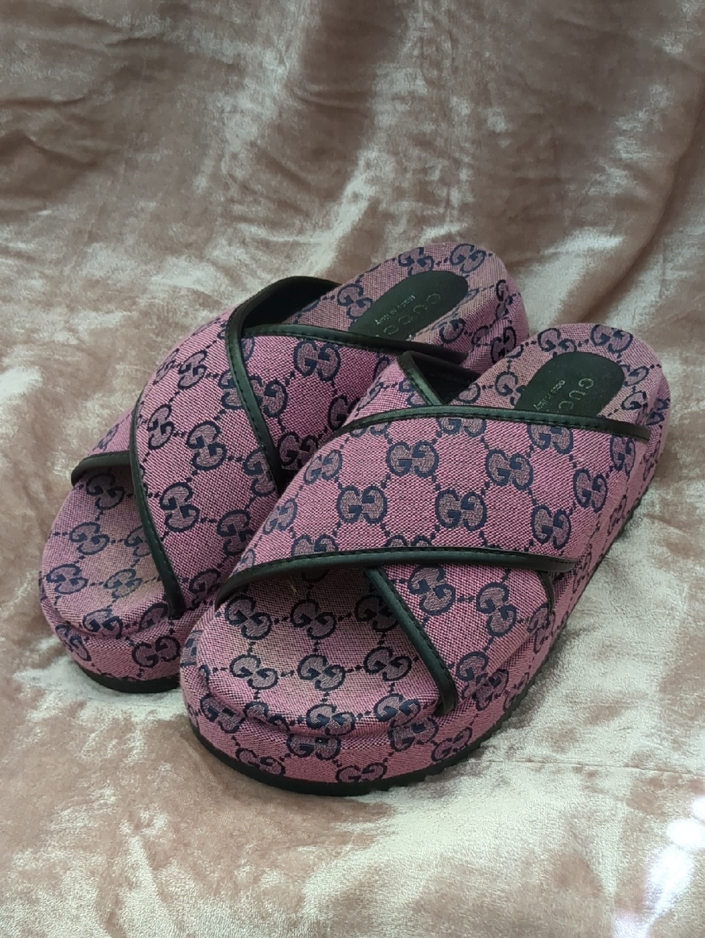 Gucci Pink & Navy GG Canvas Cross-Strap Slides